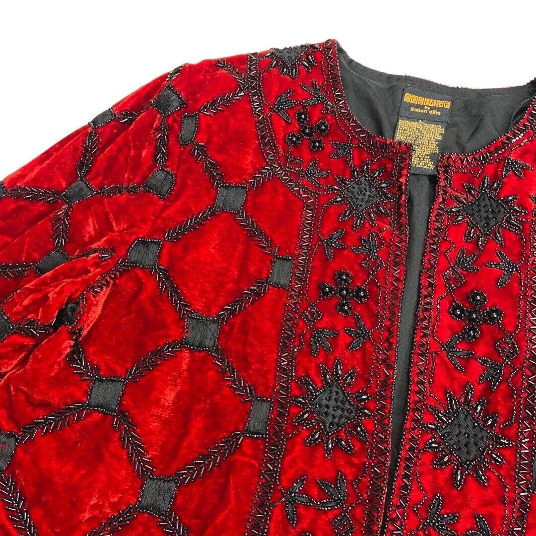 Vintage 80s Red Embroidered Embellished Cropped Velvet Jacket 12 14 M