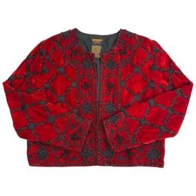 Vintage 80s Red Embroidered Embellished Cropped Velvet Jacket 12 14 M