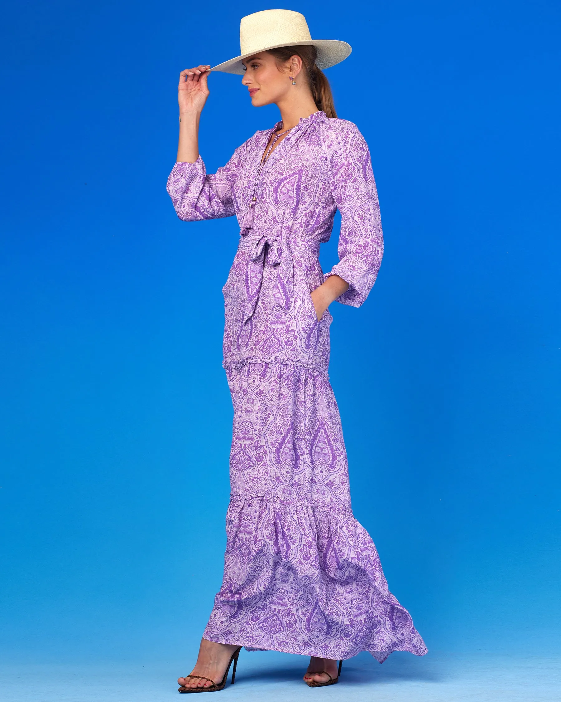 Violette Ruffle Maxi Dress in Lavender Paisley