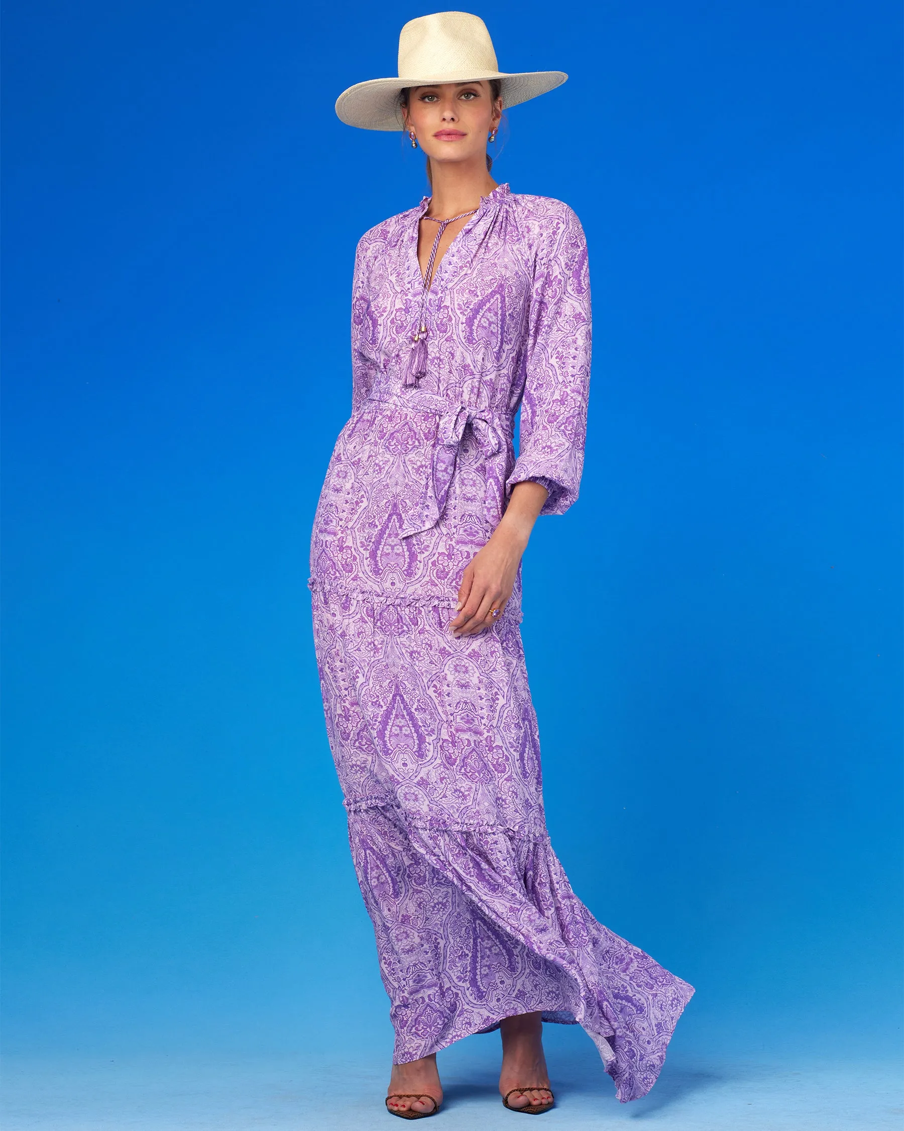 Violette Ruffle Maxi Dress in Lavender Paisley