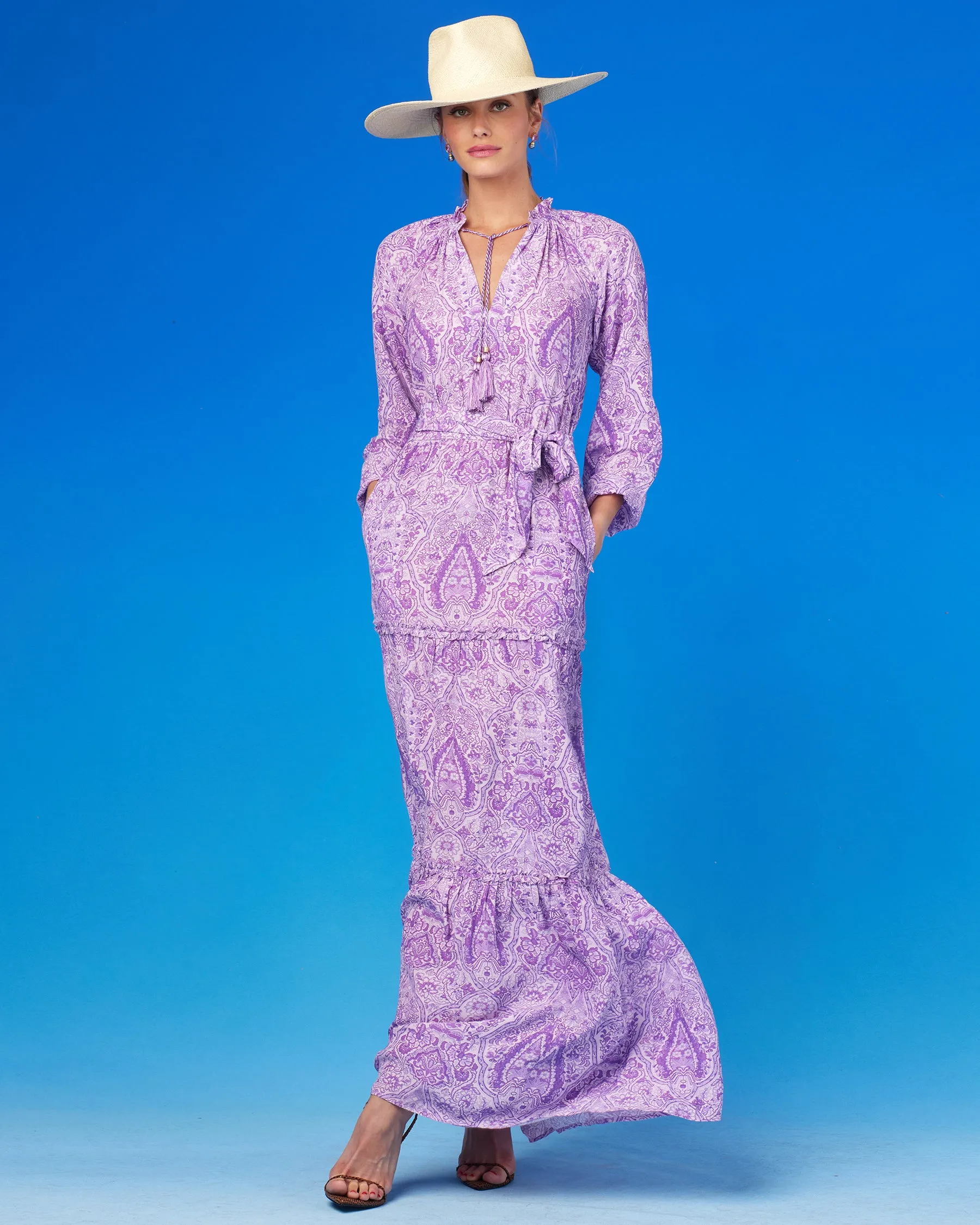 Violette Ruffle Maxi Dress in Lavender Paisley