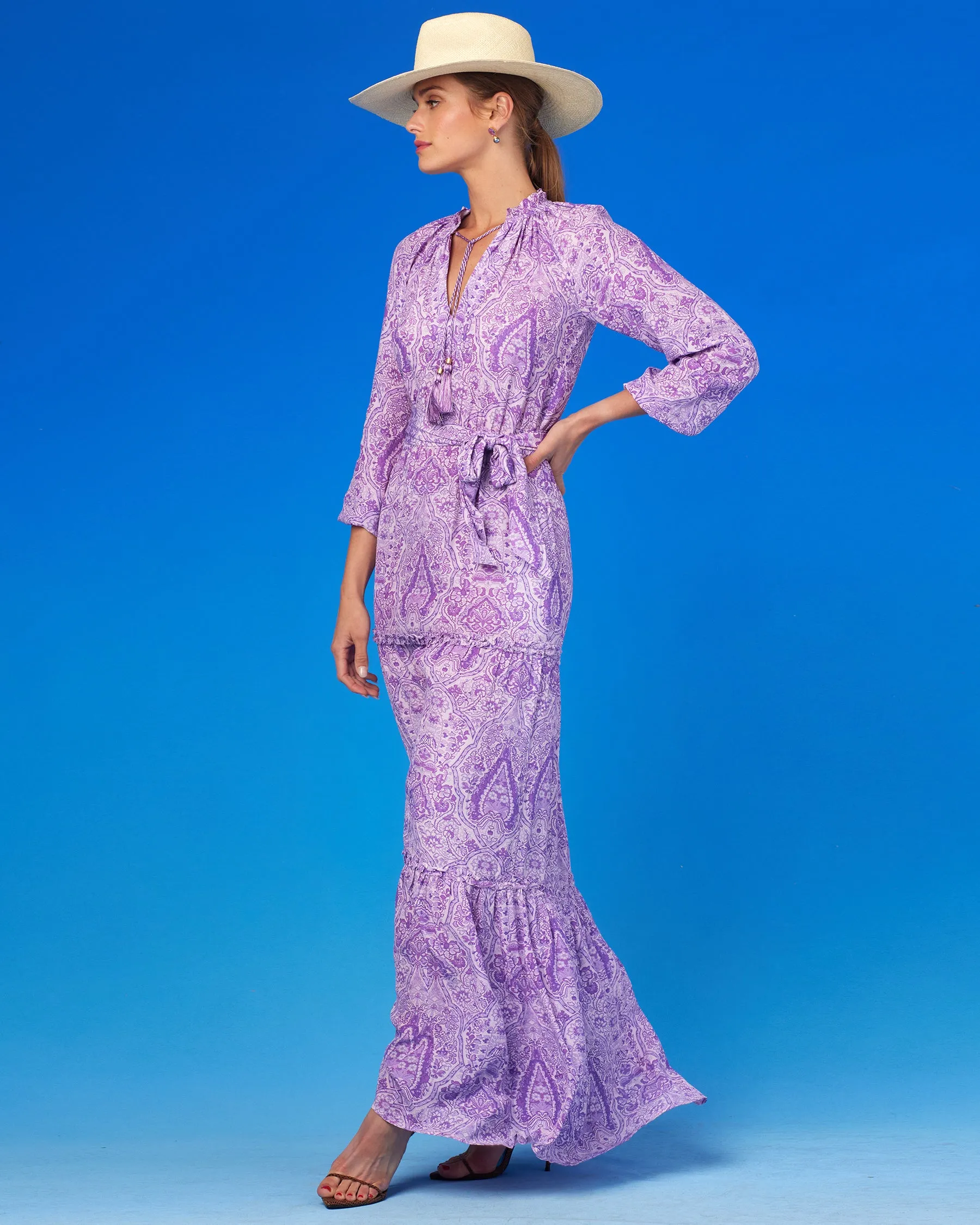 Violette Ruffle Maxi Dress in Lavender Paisley