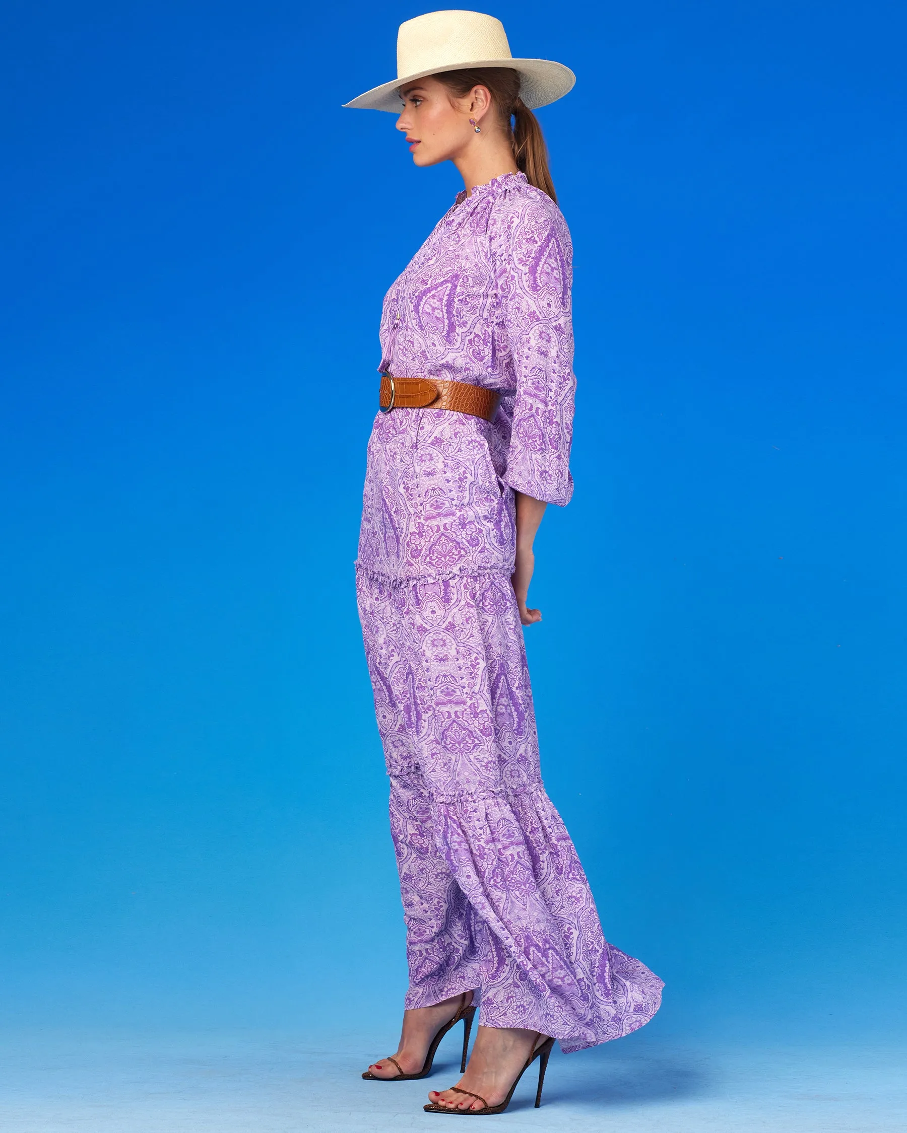 Violette Ruffle Maxi Dress in Lavender Paisley