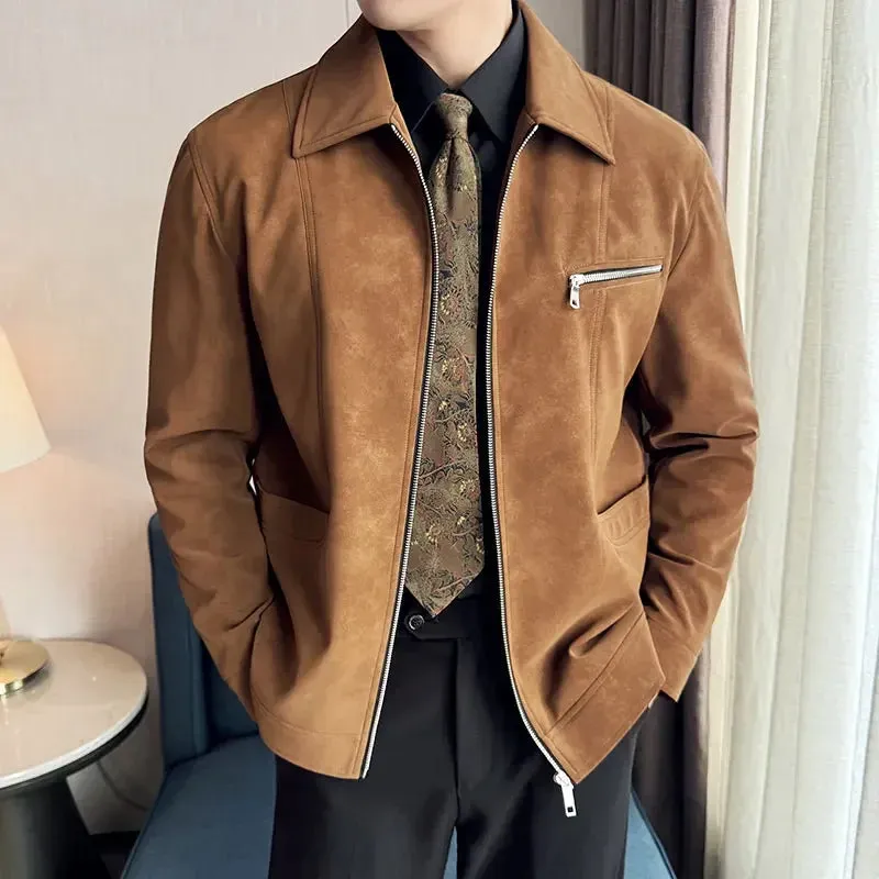 Wiaofellas  -  Men's Suede Casual Jacket, Lapel Fashionable Jacket, High-Grade Zipper Decorations, Business Casual Warm Coat