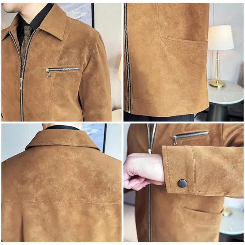 Wiaofellas  -  Men's Suede Casual Jacket, Lapel Fashionable Jacket, High-Grade Zipper Decorations, Business Casual Warm Coat