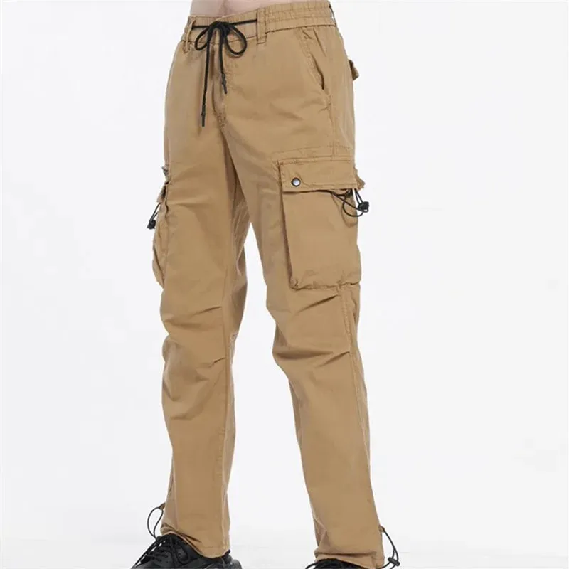 Wiaofellas  -  Spring Autumn Men's Multi Pockets Cargo Pants Solid Color Elastic Waist Silm Fit Casual Pants Men Joggers Streetwear Trousers