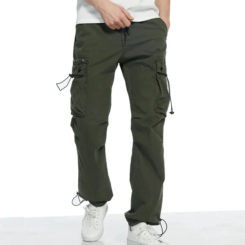 Wiaofellas  -  Spring Autumn Men's Multi Pockets Cargo Pants Solid Color Elastic Waist Silm Fit Casual Pants Men Joggers Streetwear Trousers