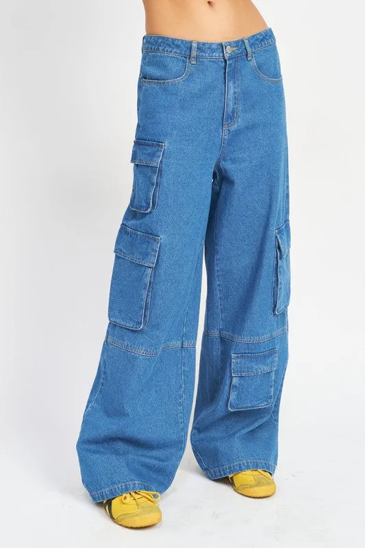 Wide Leg Cargo Denim Pants