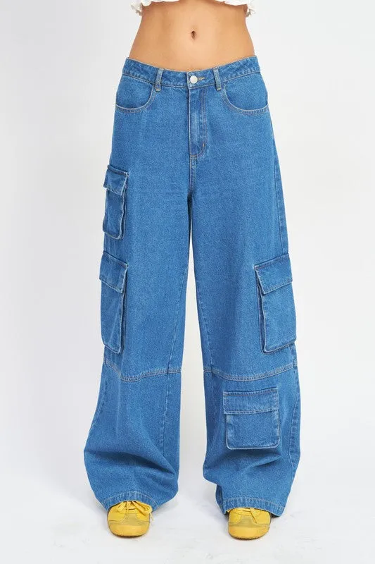 Wide Leg Cargo Denim Pants