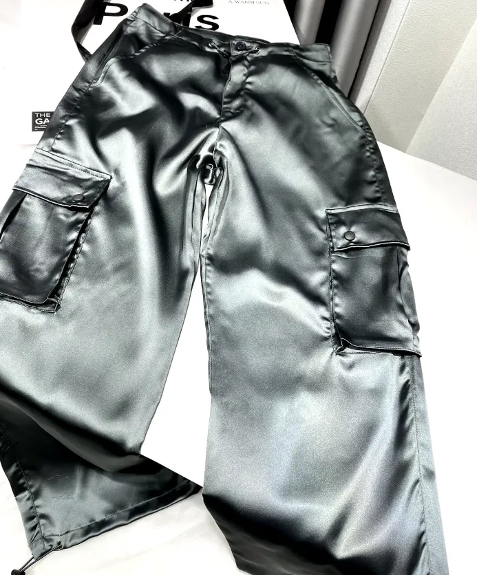 Wide Leg Satin Cargo Pants