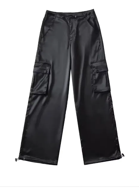 Wide Leg Satin Cargo Pants