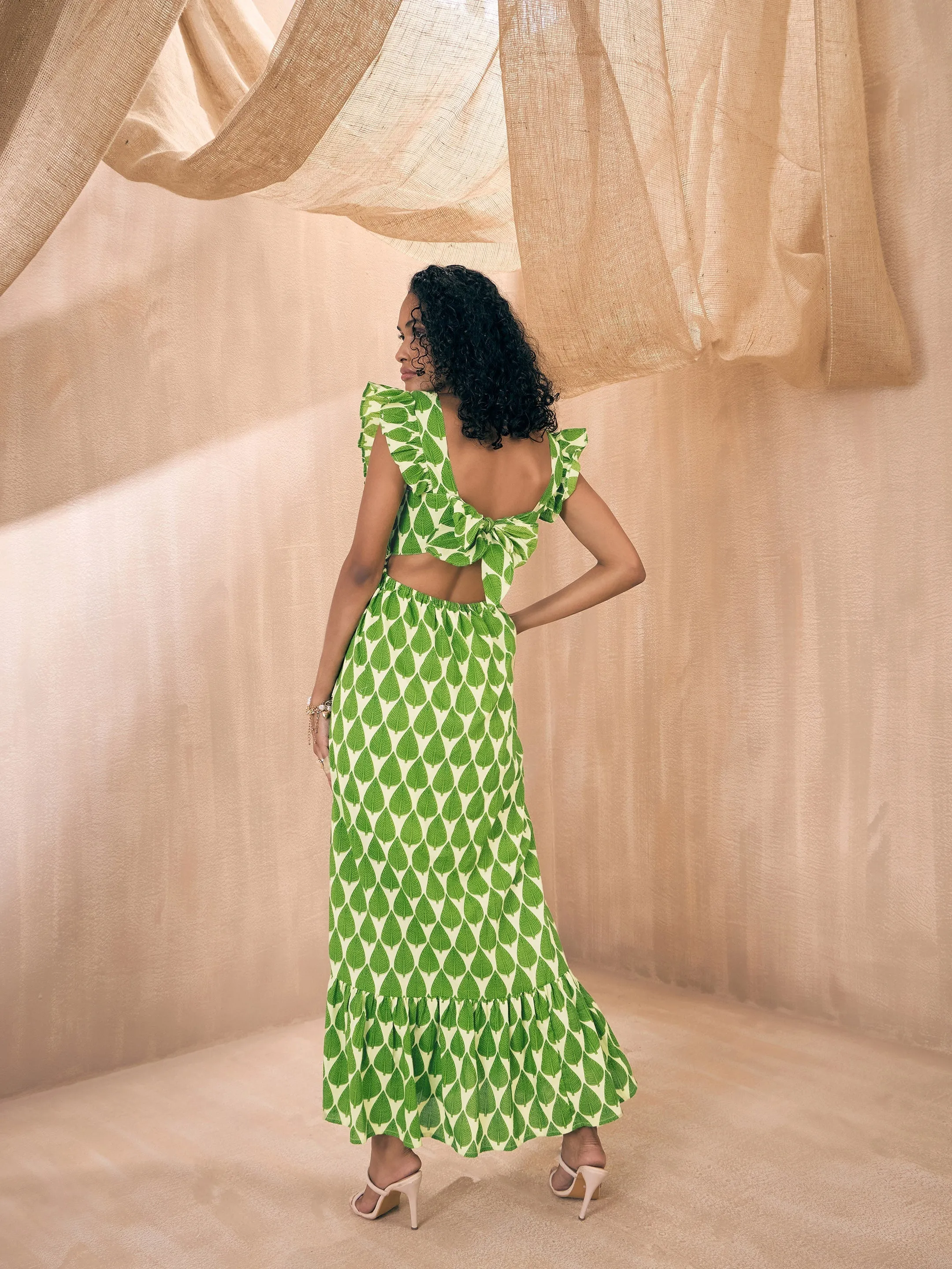 Women Green Leaf Print Back Knot Frill Maxi