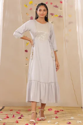 Women Grey Rayon Dobby Embroidered Dress