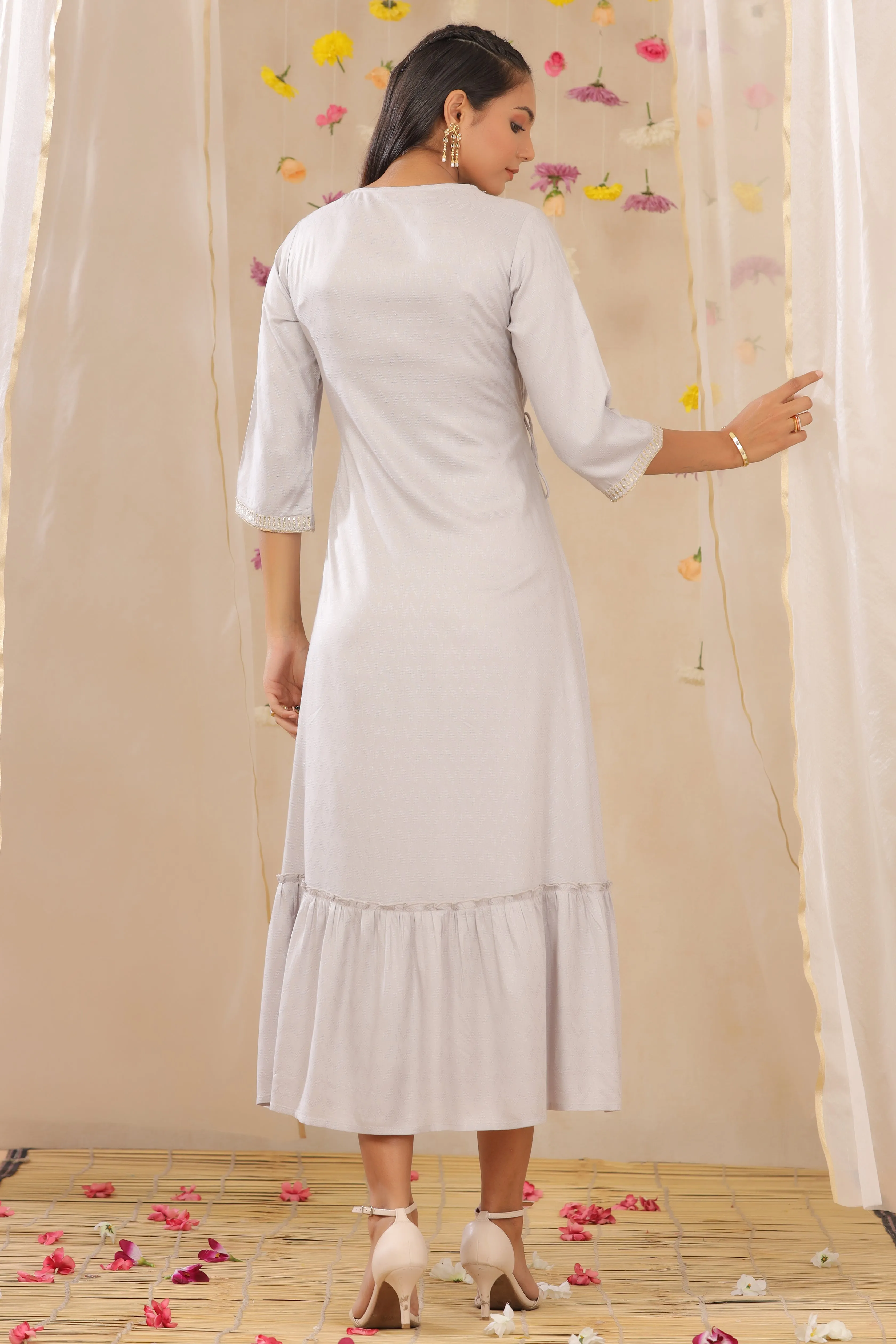 Women Grey Rayon Dobby Embroidered Dress