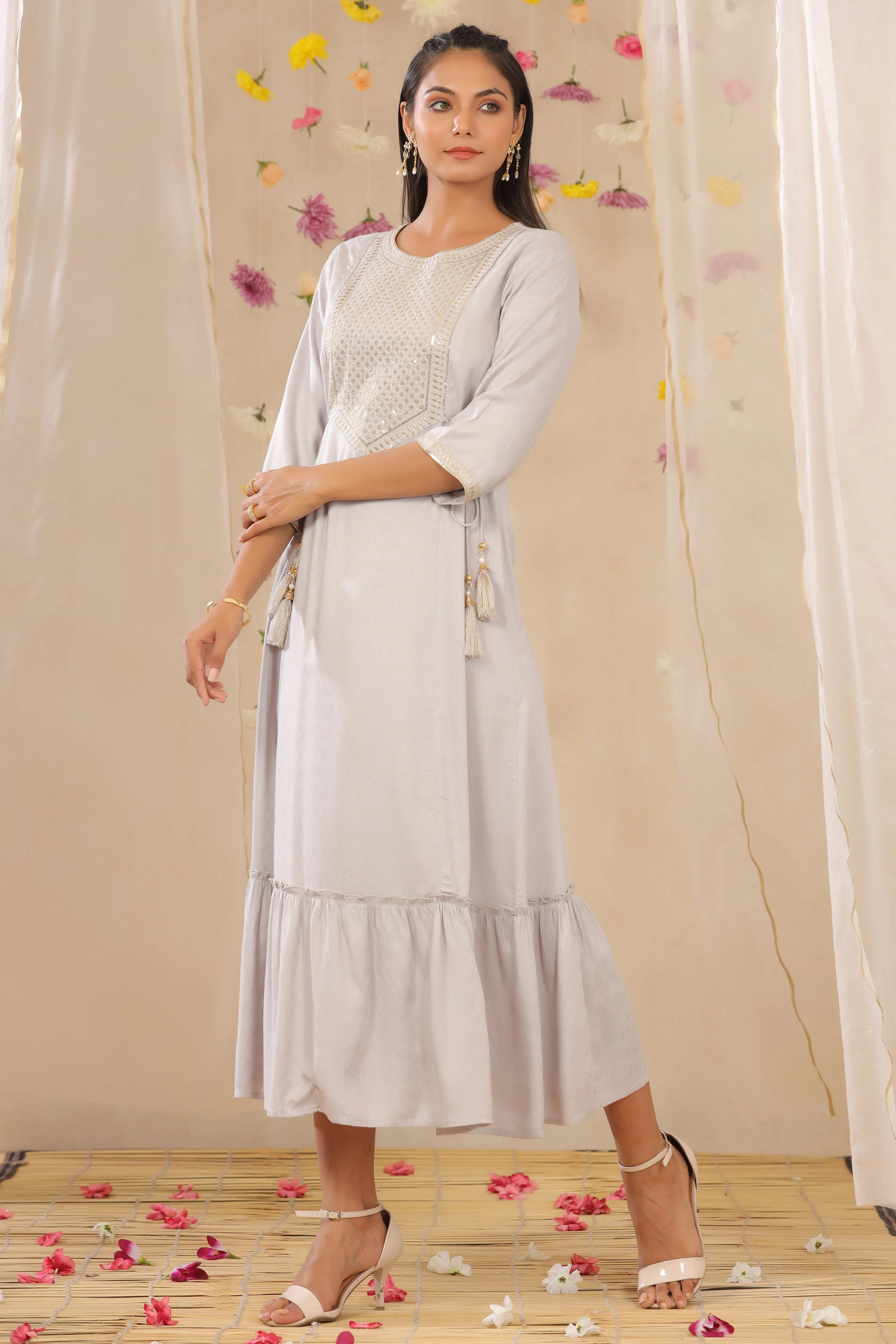 Women Grey Rayon Dobby Embroidered Dress