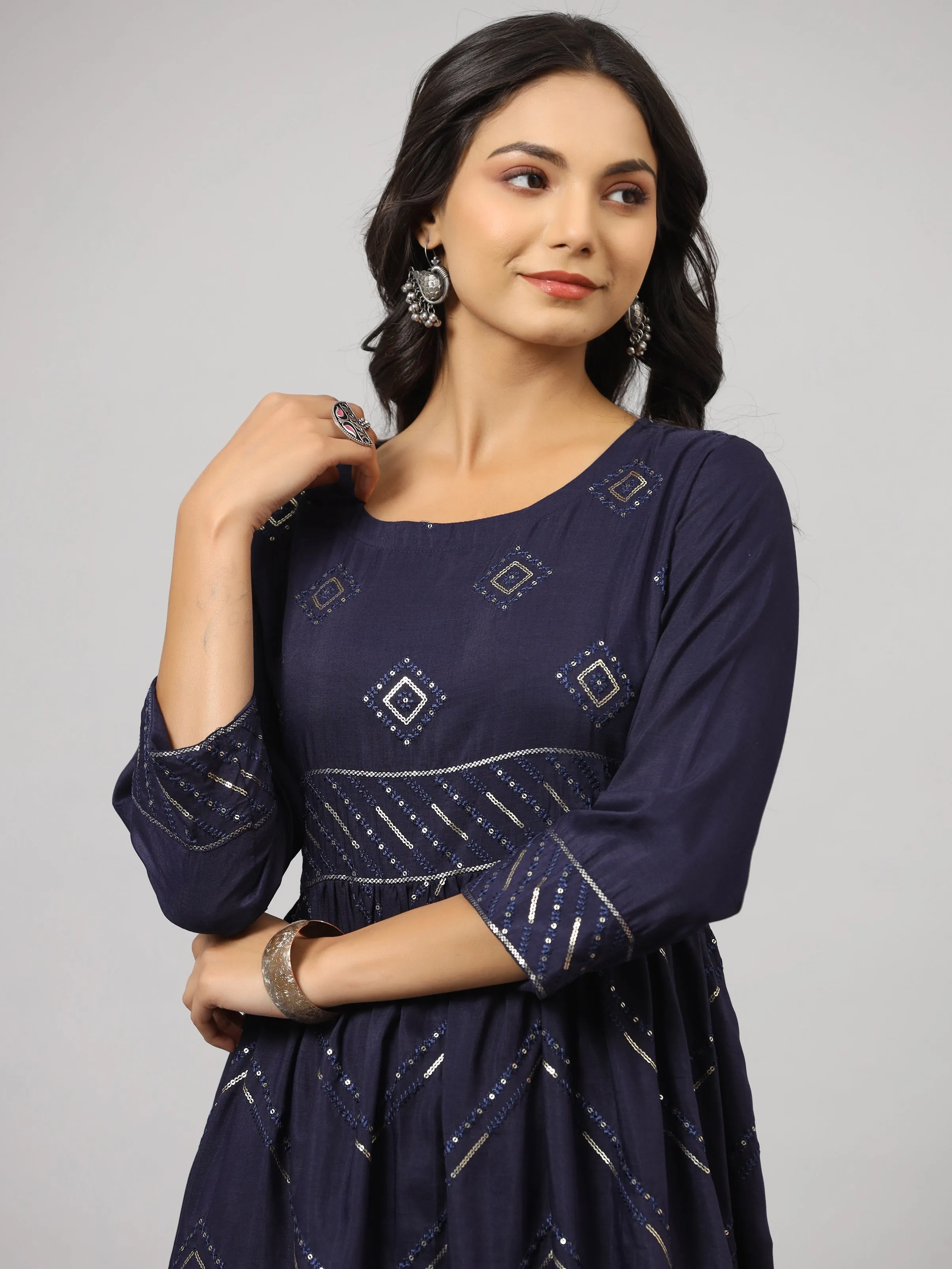 Women Navy Muslin Embroidered Dress