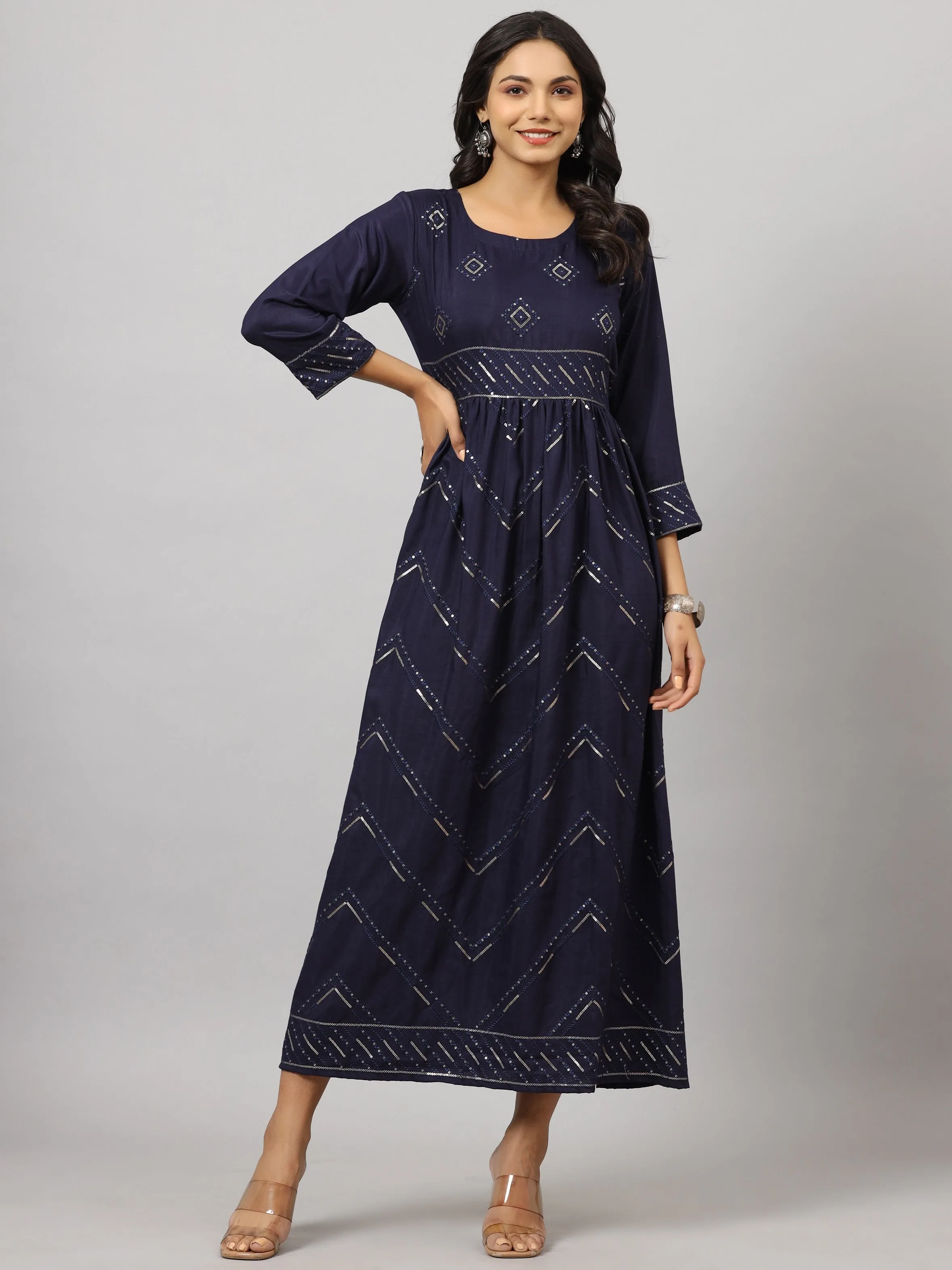 Women Navy Muslin Embroidered Dress