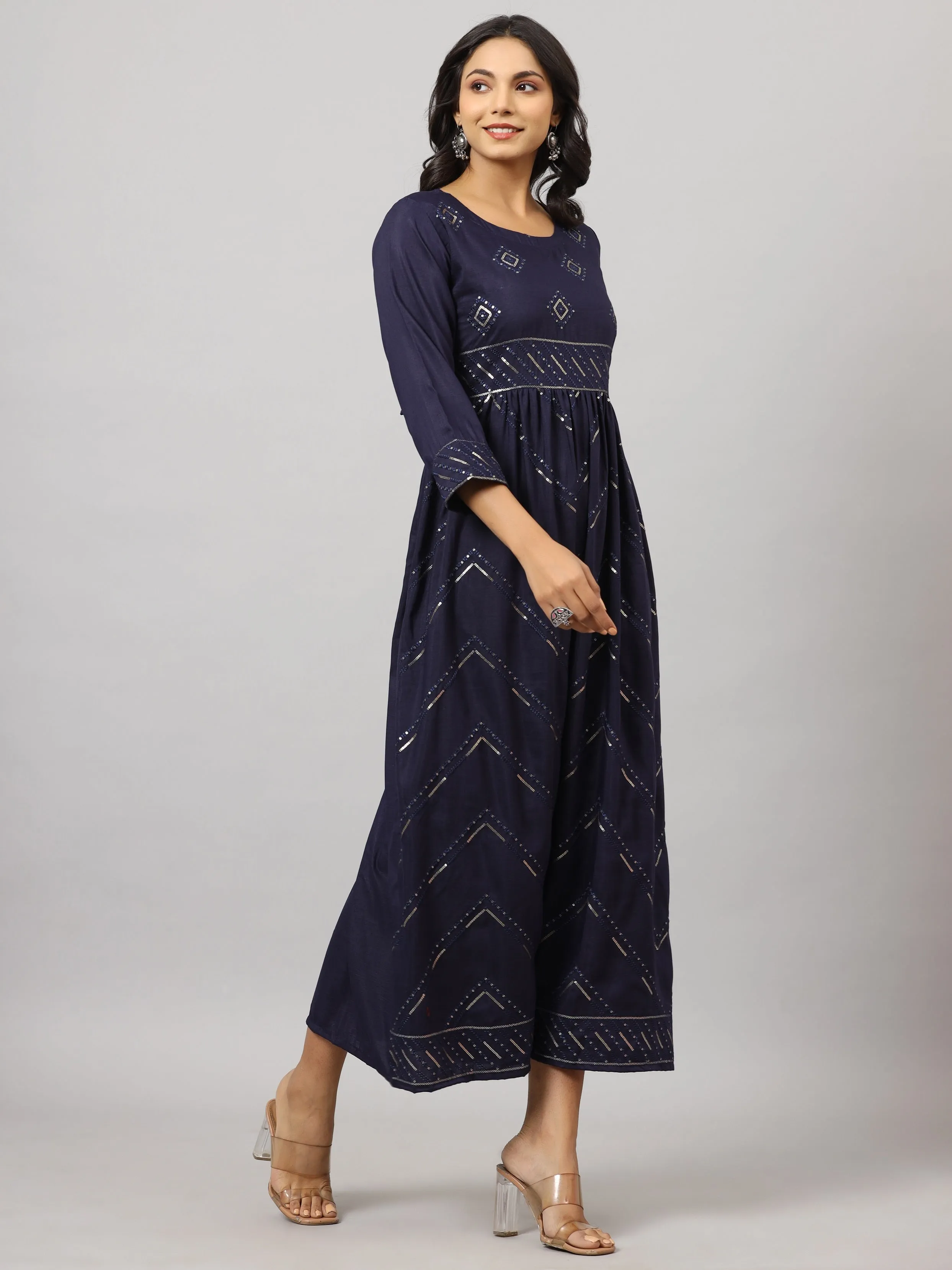 Women Navy Muslin Embroidered Dress