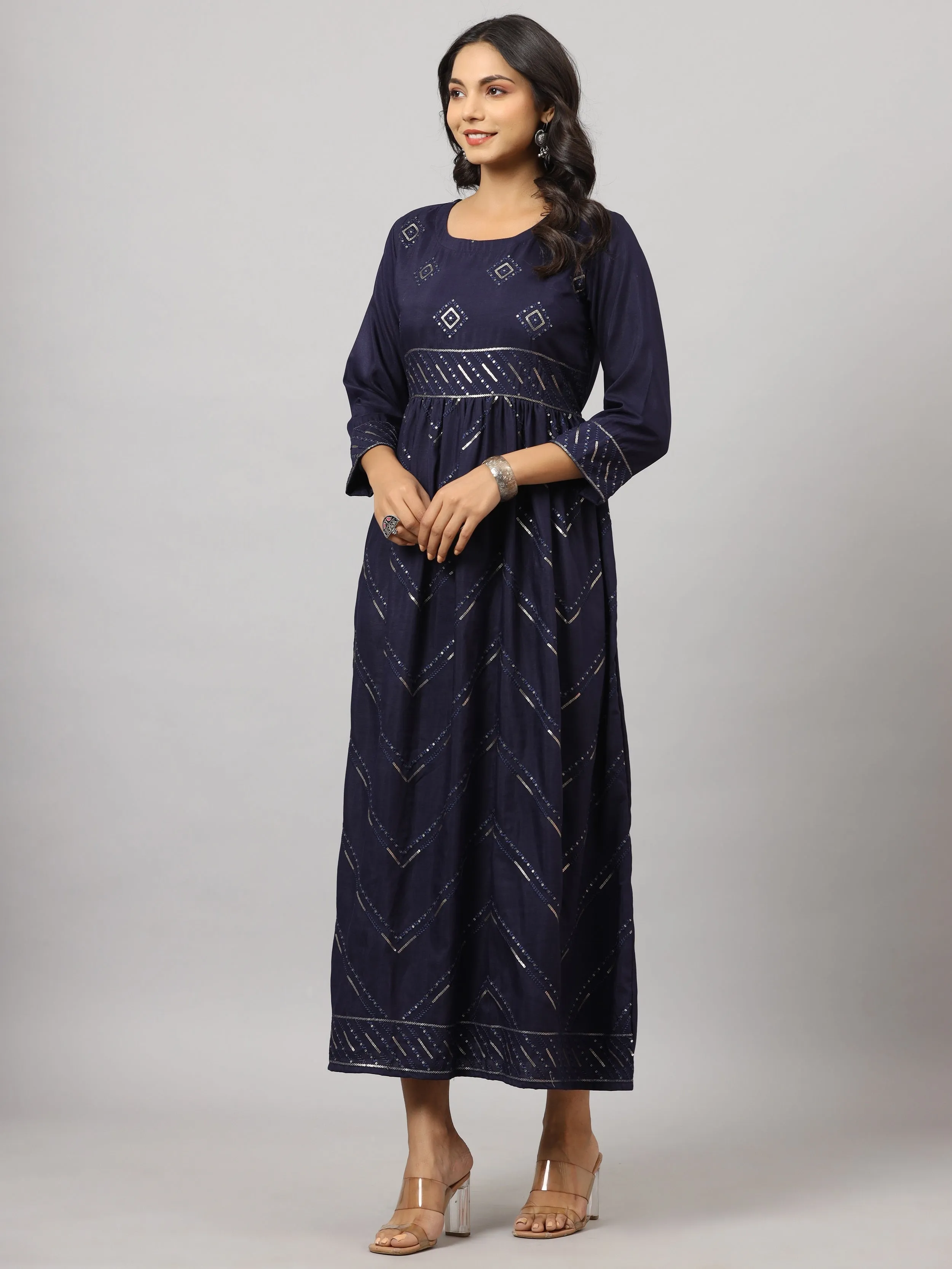 Women Navy Muslin Embroidered Dress