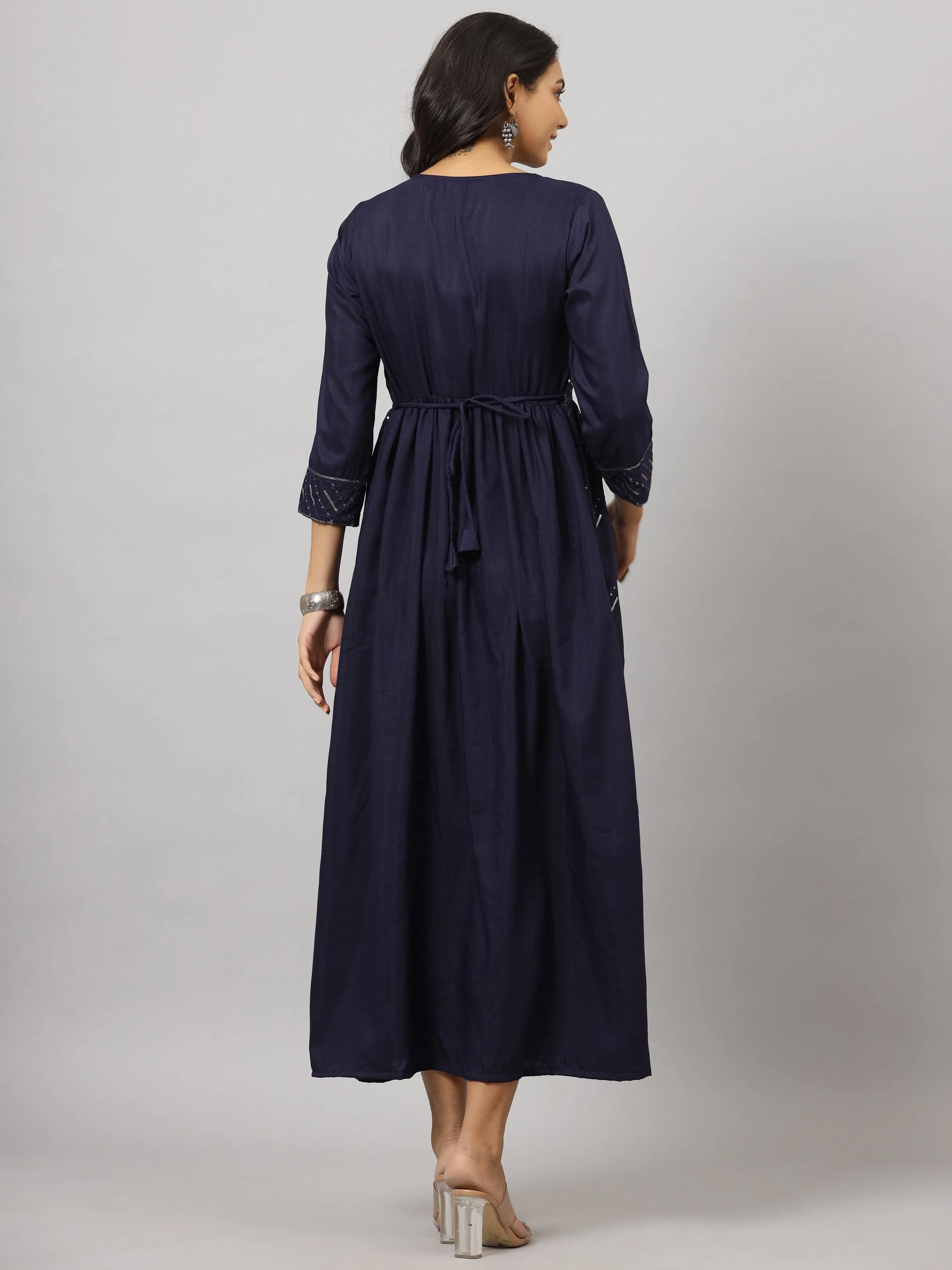 Women Navy Muslin Embroidered Dress