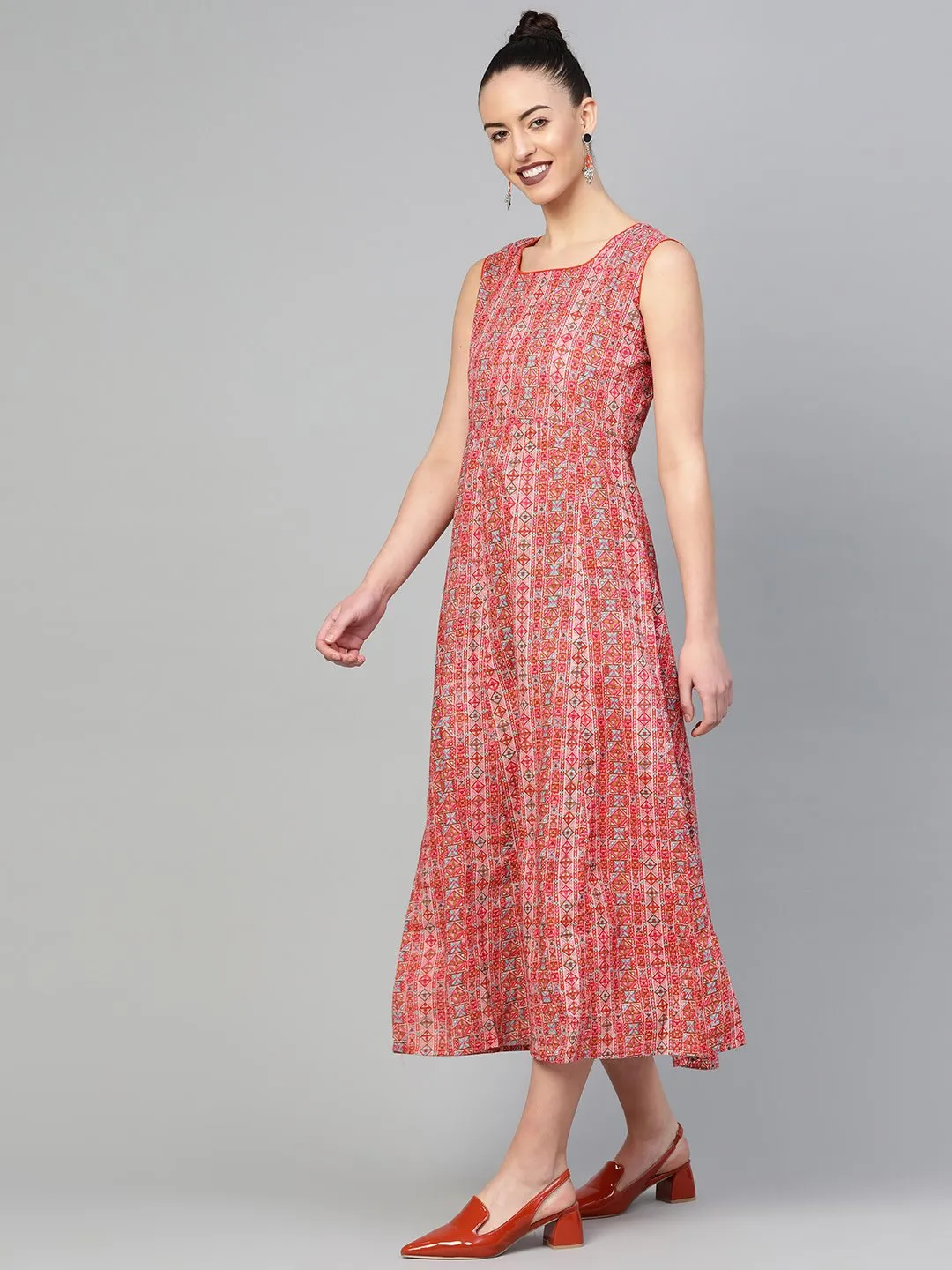 Women Red & Pink Geometric Printed Maxi Dress