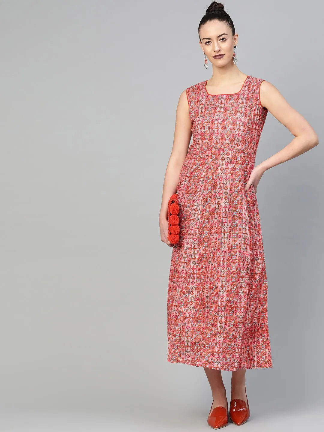 Women Red & Pink Geometric Printed Maxi Dress