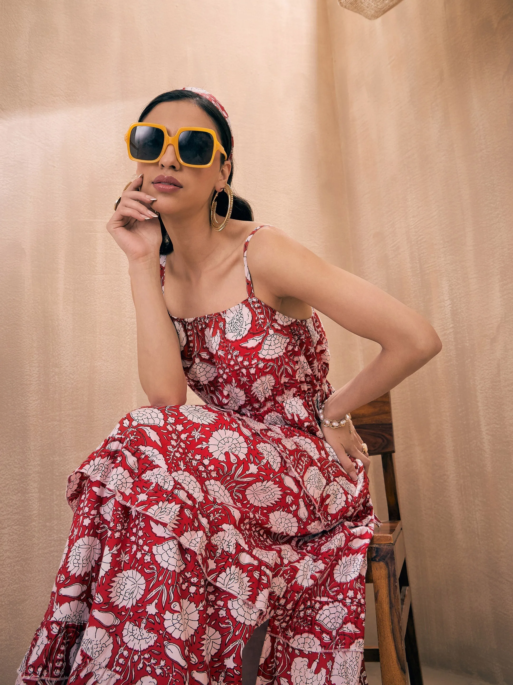 Women Red Floral Front Slit Strappy Maxi