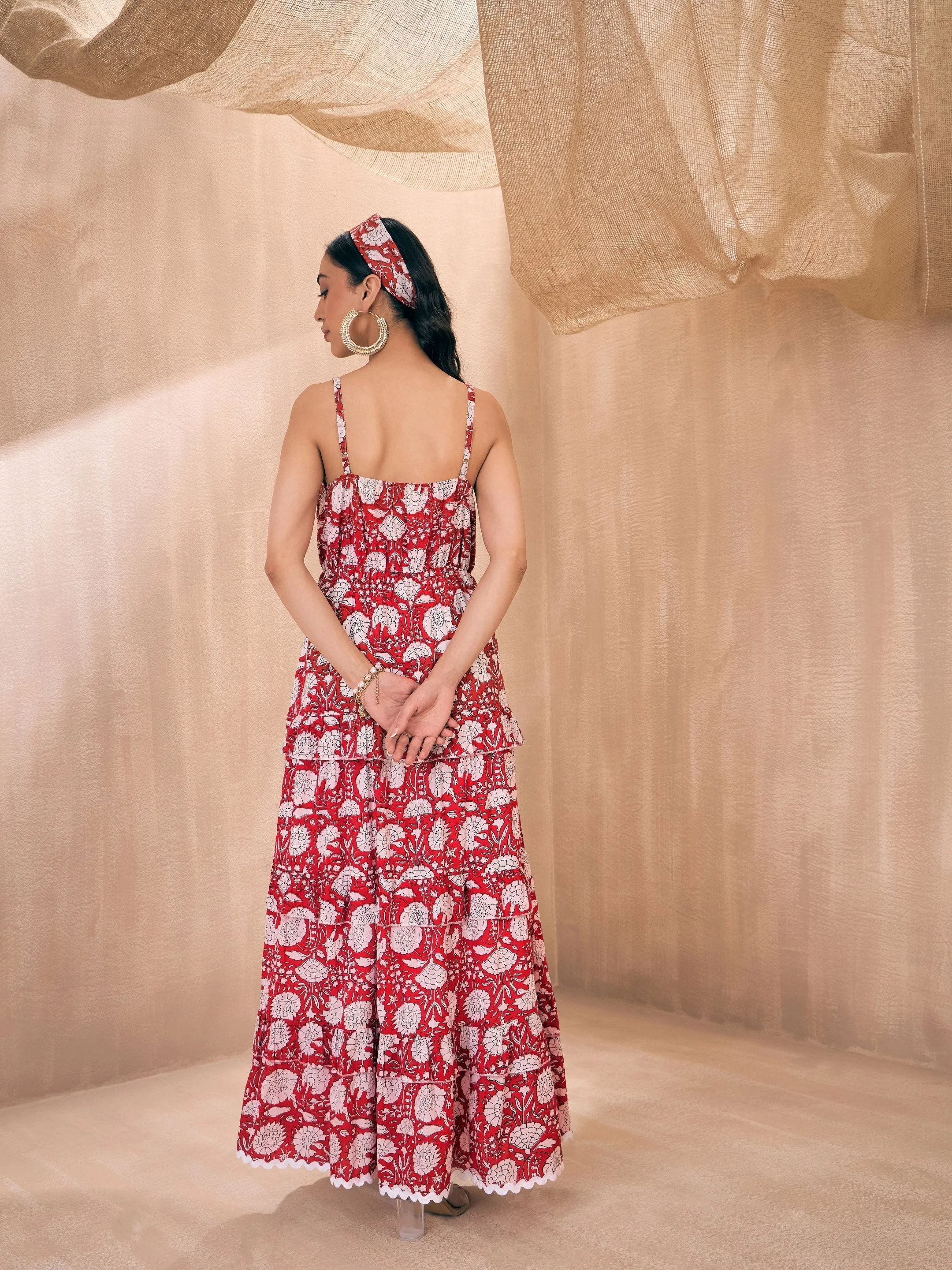 Women Red Floral Front Slit Strappy Maxi