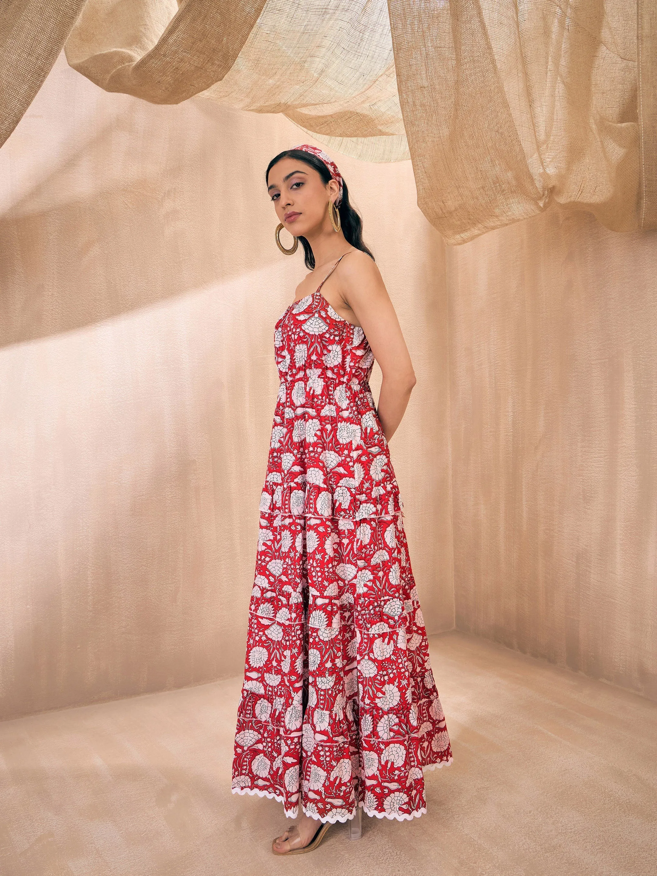 Women Red Floral Front Slit Strappy Maxi