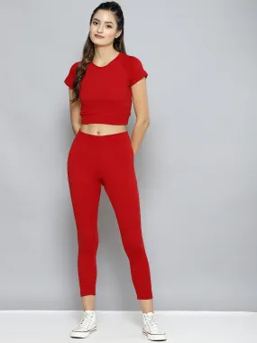 Women Red Rib Active Crop Top With Tights