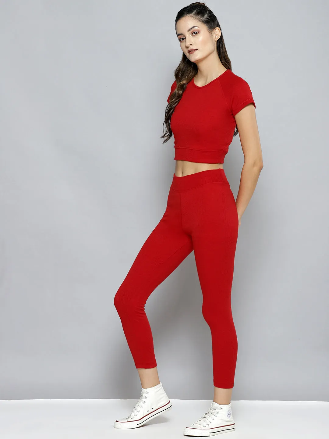 Women Red Rib Active Crop Top With Tights