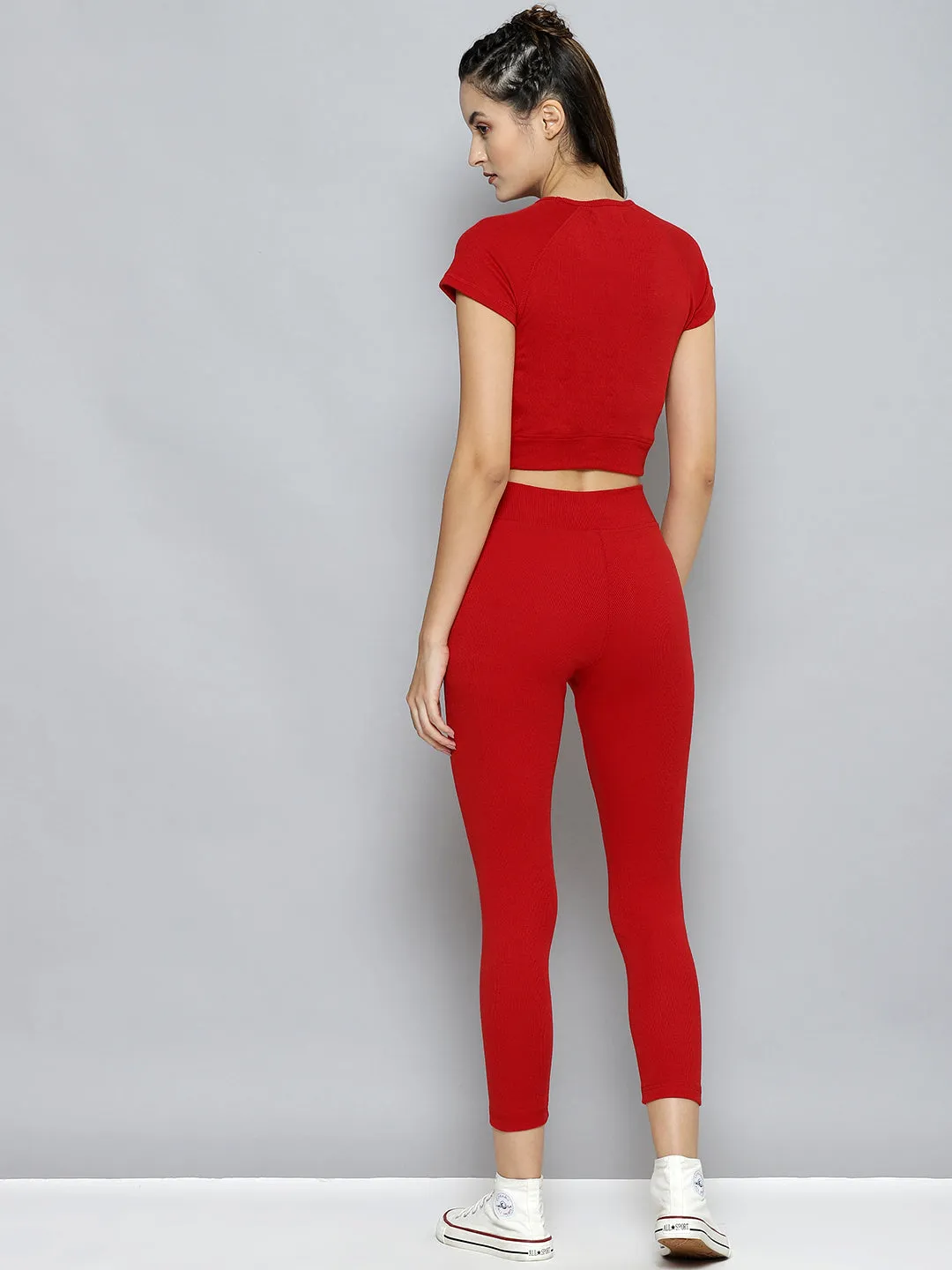 Women Red Rib Active Crop Top With Tights