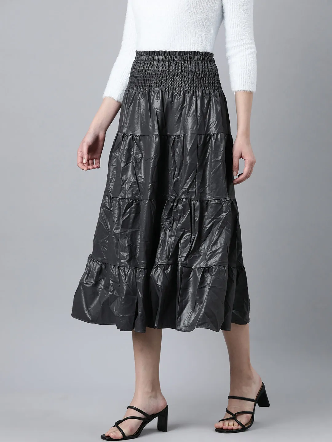 Women Solid Grey Tiered Midi Skirt