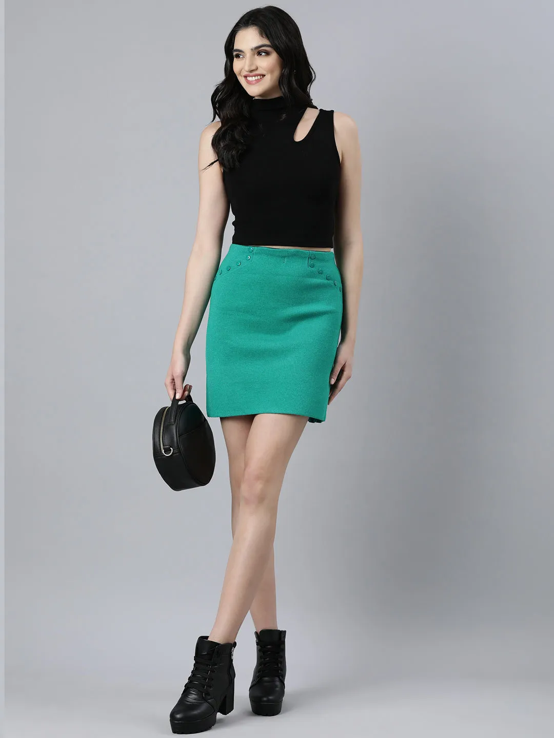 Women Solid Pencil Green Mini Skirt