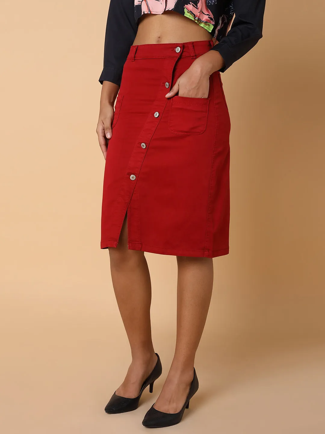 Women Solid Red Pencil Skirt