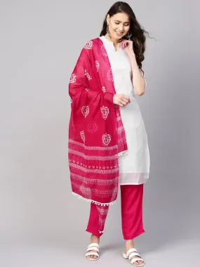 Women White & Pink Solid Kurta With Trousers & Dupatta