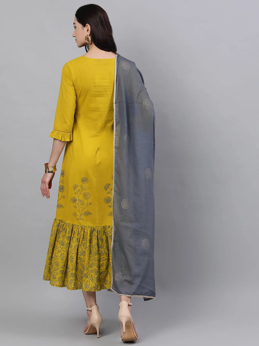 Women Yellow Floral Printed Round Neck Cotton Maxi Dress With Dupatta