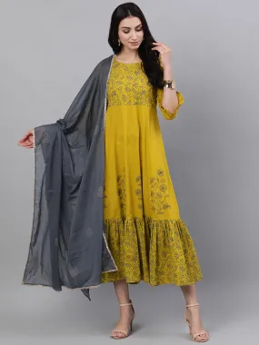 Women Yellow Floral Printed Round Neck Cotton Maxi Dress With Dupatta