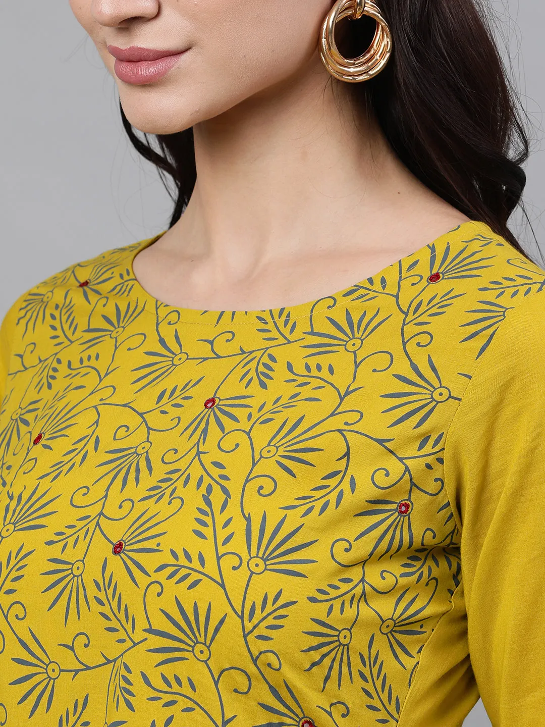 Women Yellow Floral Printed Round Neck Cotton Maxi Dress With Dupatta