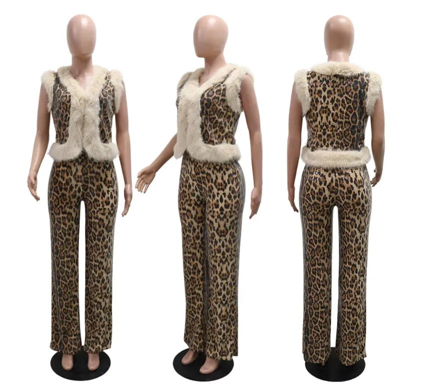 Women's 2 Pc Pants Set - Women's Sleeveless Leopard Sequined V-neck Wool Vest and Pants 2 Pc Set