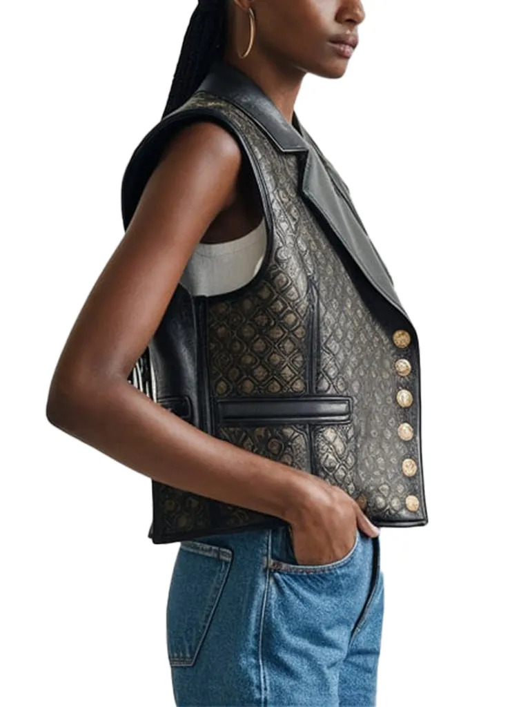 Women's Embossed Black Leather Vest