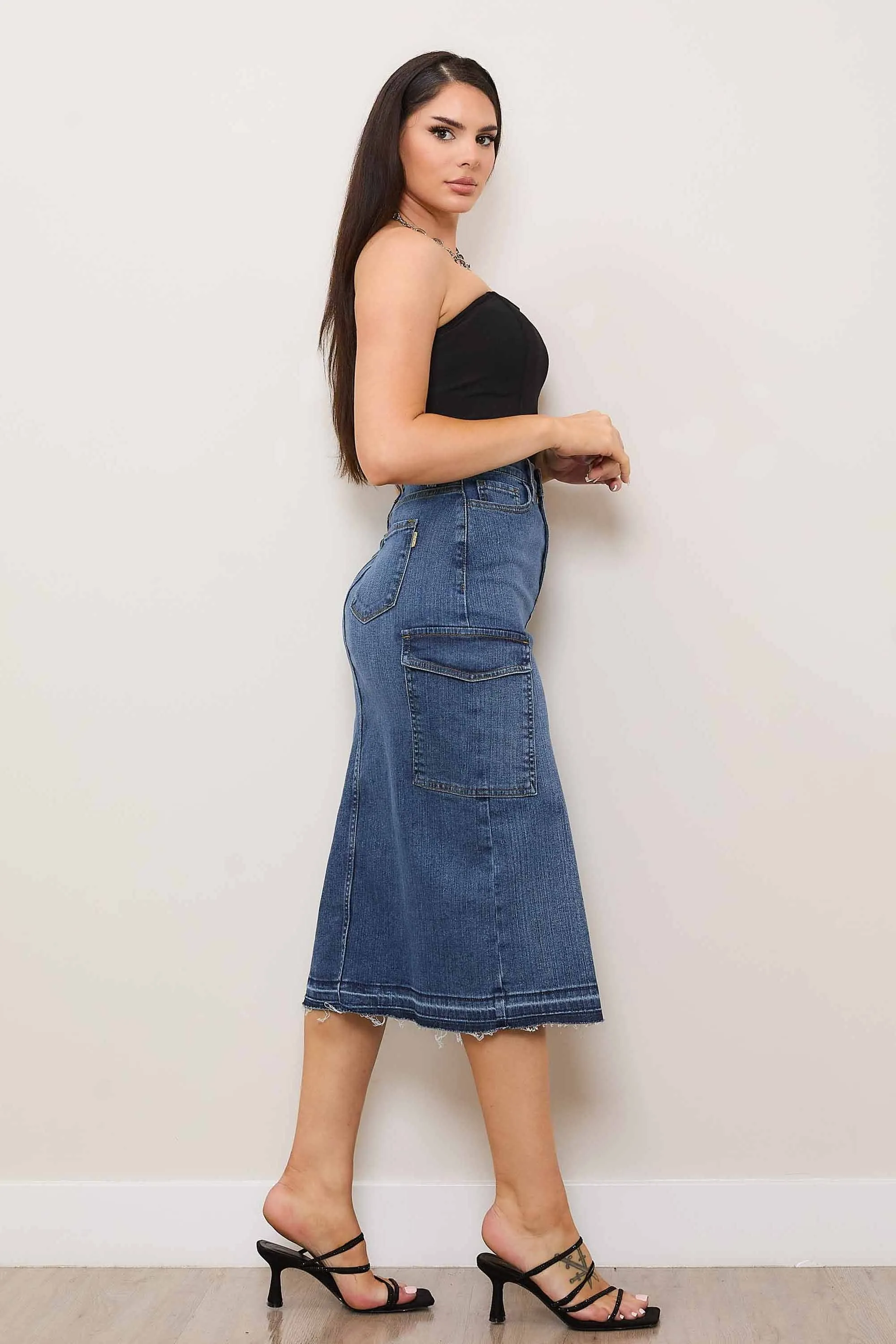 Y2K Front Slit Column Cargo Denim Skirt